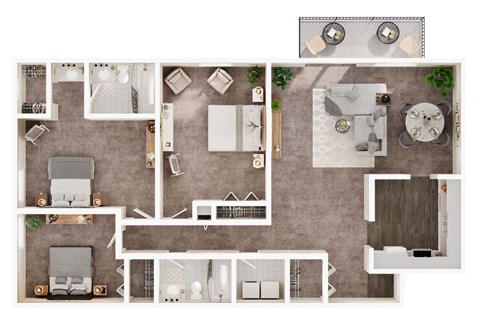 A top-down view of a house layout with a living room, kitchen, dining room, and bedrooms.